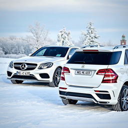 A picturesque winter scene showcasing two stunning white Mercedes vehicles