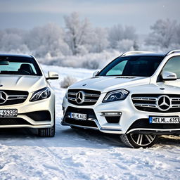 A picturesque winter scene showcasing two stunning white Mercedes vehicles