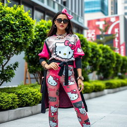 A stylish and vibrant Hello Kitty fashion scene featuring a fashionable female model dressed in a trendy Hello Kitty themed outfit, complete with signature bow and charming accessories
