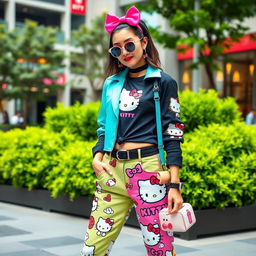 A stylish and vibrant Hello Kitty fashion scene featuring a fashionable female model dressed in a trendy Hello Kitty themed outfit, complete with signature bow and charming accessories