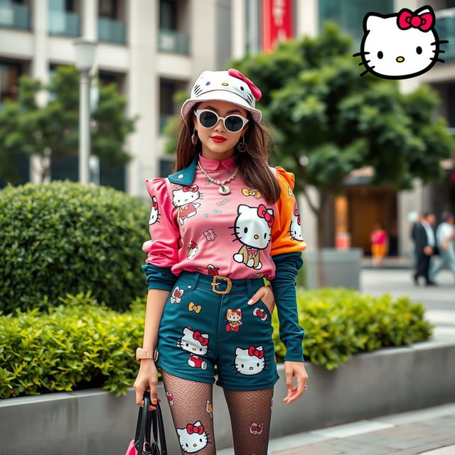 A stylish and vibrant Hello Kitty fashion scene featuring a fashionable female model dressed in a trendy Hello Kitty themed outfit, complete with signature bow and charming accessories