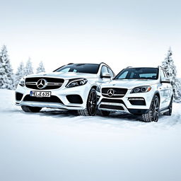 An exquisite winter landscape featuring two stunning white Mercedes vehicles parked together
