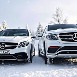 An exquisite winter landscape featuring two stunning white Mercedes vehicles parked together