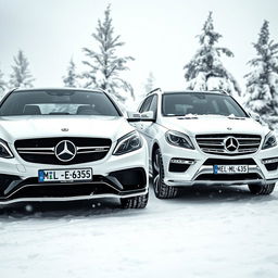 An exquisite winter landscape featuring two stunning white Mercedes vehicles parked together