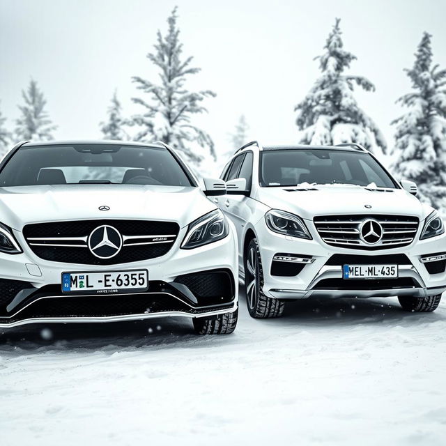 An exquisite winter landscape featuring two stunning white Mercedes vehicles parked together