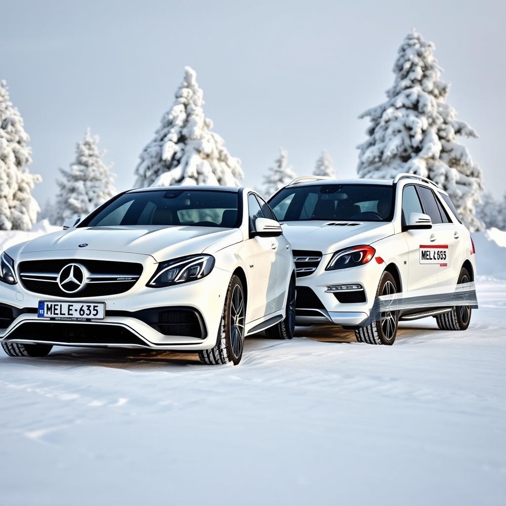 An exquisite winter landscape featuring two stunning white Mercedes vehicles parked together