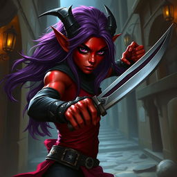 A female Tiefling rogue, featuring striking black eyes, vibrant red skin, and flowing purple hair