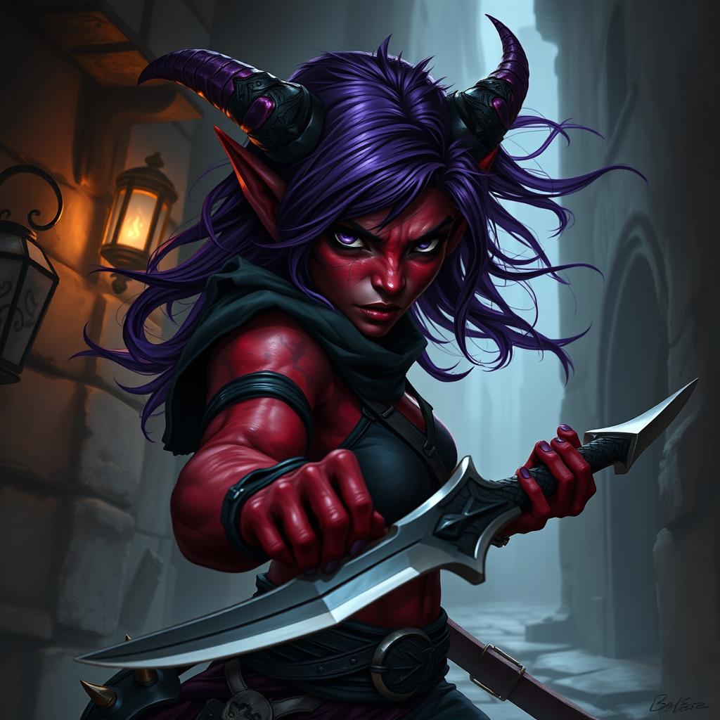 A female Tiefling rogue, featuring striking black eyes, vibrant red skin, and flowing purple hair