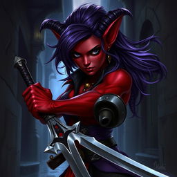 A female Tiefling rogue, featuring striking black eyes, vibrant red skin, and flowing purple hair