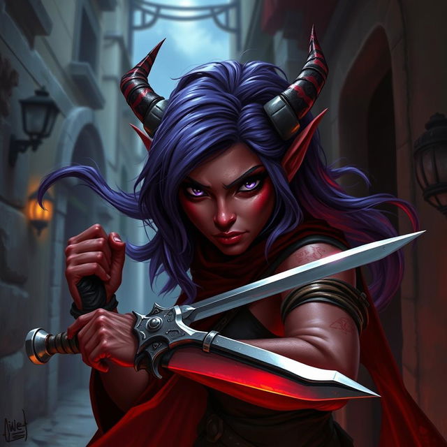 A female Tiefling rogue, featuring striking black eyes, vibrant red skin, and flowing purple hair