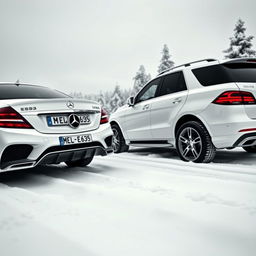 A captivating winter scene featuring two remarkable white Mercedes vehicles