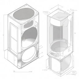 A detailed digital diagram of a 30x30x15 inches speaker box, depicted from multiple angles with clear measurements