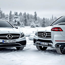 A captivating winter scene featuring two remarkable white Mercedes vehicles