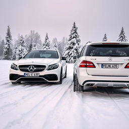 A captivating winter scene featuring two remarkable white Mercedes vehicles