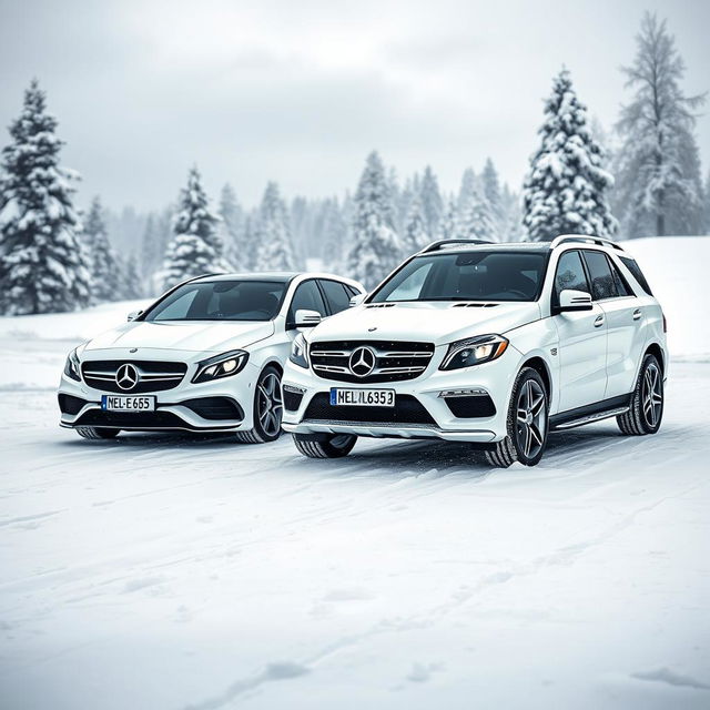 A captivating winter scene featuring two remarkable white Mercedes vehicles