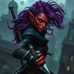 A striking female tiefling rogue featuring vibrant red skin and flowing purple hair