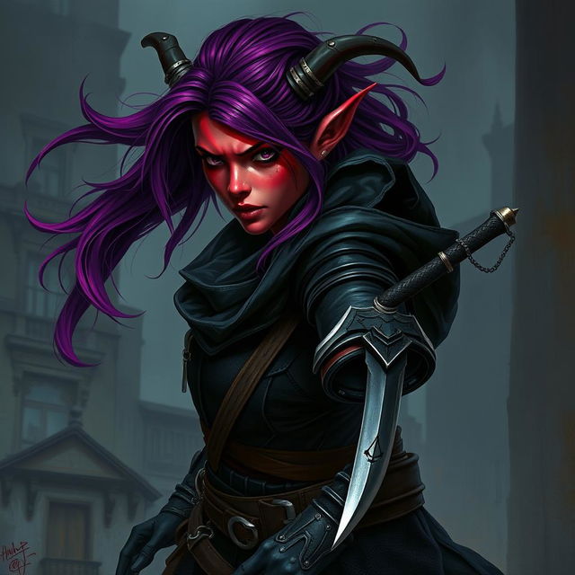 A striking female tiefling rogue featuring vibrant red skin and flowing purple hair