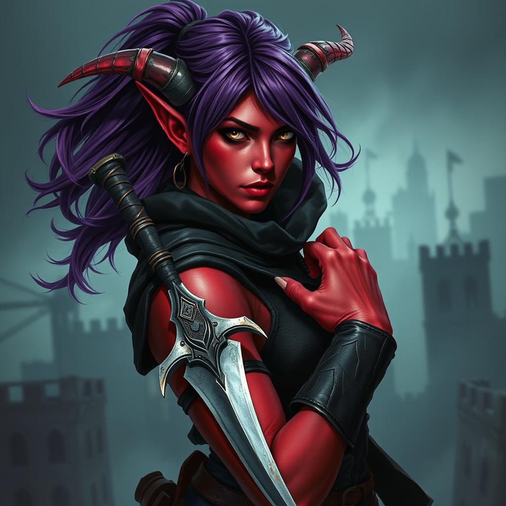 A striking female tiefling rogue featuring vibrant red skin and flowing purple hair