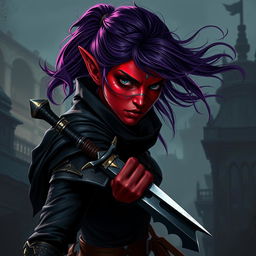 A striking female tiefling rogue featuring vibrant red skin and flowing purple hair