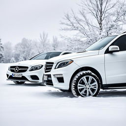 A stunning winter scene featuring two white Mercedes vehicles from 2014