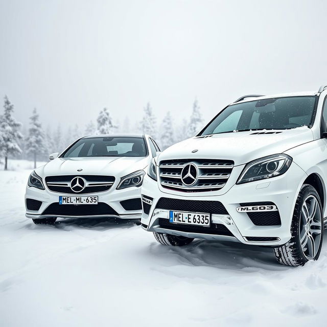 A stunning winter scene featuring two white Mercedes vehicles from 2014