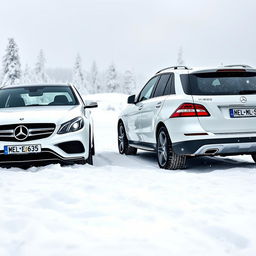 A stunning winter scene featuring two white Mercedes vehicles from 2014
