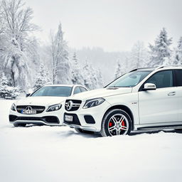 A stunning winter scene featuring two white Mercedes vehicles from 2014