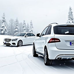A magnificent winter scene featuring two white Mercedes vehicles from 2014