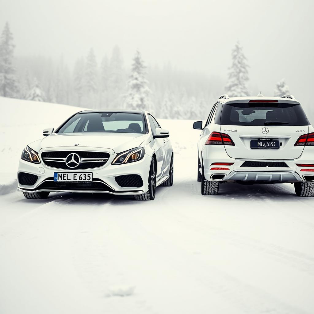 A magnificent winter scene featuring two white Mercedes vehicles from 2014