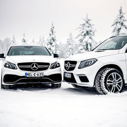 A magnificent winter scene featuring two white Mercedes vehicles from 2014