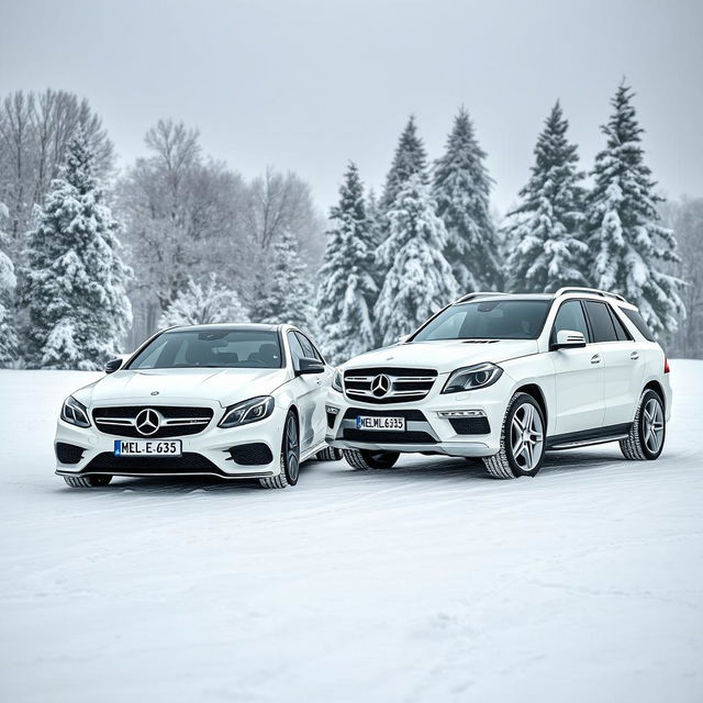 A magnificent winter scene featuring two white Mercedes vehicles from 2014