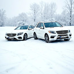 A beautiful winter scene featuring two white Mercedes vehicles from 2014