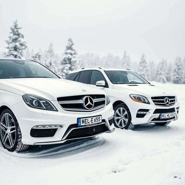 A beautiful winter scene featuring two white Mercedes vehicles from 2014