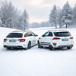 A beautiful winter scene featuring two white Mercedes vehicles from 2014