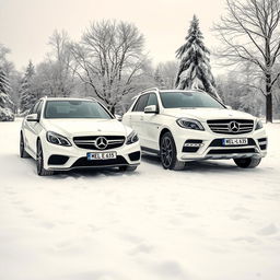 A beautiful winter scene featuring two white Mercedes vehicles from 2014