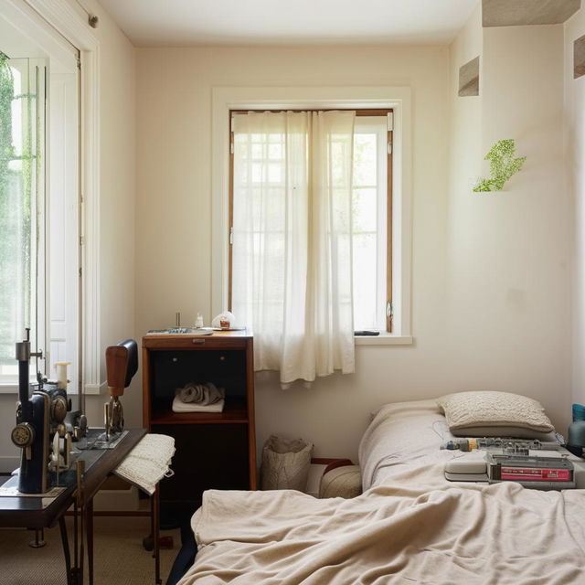 A neutrally toned single room arrangement with a comfortable mattress, wooden shoe rack, sleek television stand, a vintage clothing box, an old-fashioned sewing machine, a mini drawer full of odds and ends, and a window allowing soft light to enter, situated right next to the door.