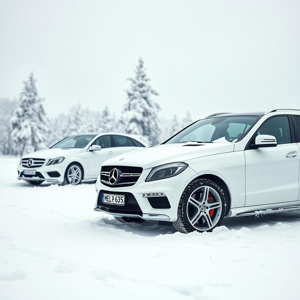 A breathtaking winter scene featuring two white Mercedes vehicles from 2014