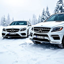 A breathtaking winter scene featuring two white Mercedes vehicles from 2014