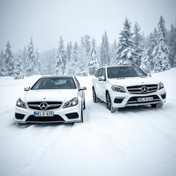 A breathtaking winter scene featuring two white Mercedes vehicles from 2014