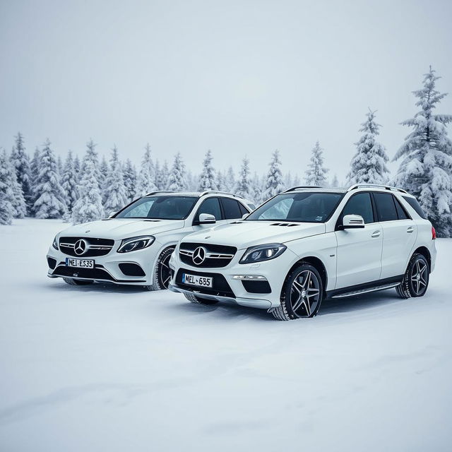 A breathtaking winter scene featuring two white Mercedes vehicles from 2014