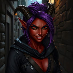 A female tiefling rogue with striking red skin and vibrant purple hair, dressed in dark, stealthy attire suitable for a rogue