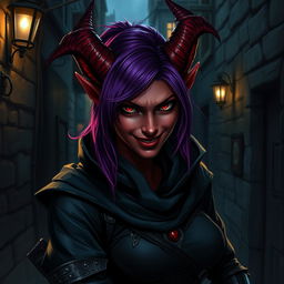 A female tiefling rogue with striking red skin and vibrant purple hair, dressed in dark, stealthy attire suitable for a rogue
