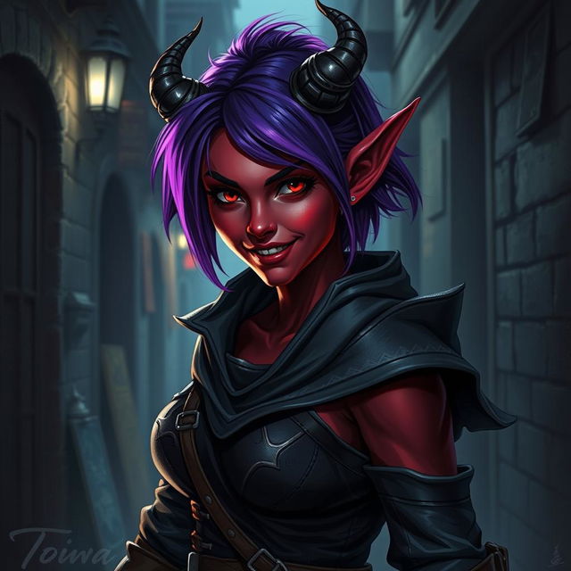 A female tiefling rogue with striking red skin and vibrant purple hair, dressed in dark, stealthy attire suitable for a rogue