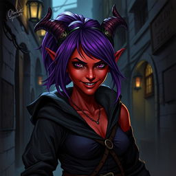 A female tiefling rogue with striking red skin and vibrant purple hair, dressed in dark, stealthy attire suitable for a rogue