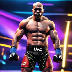 A hyper-realistic image of a UFC fighter from the year 2100, standing in a combat-ready stance in a futuristic ring