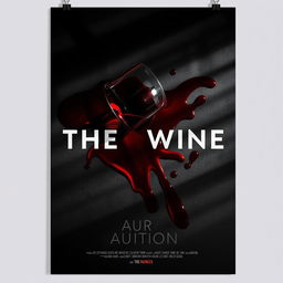 A dramatic movie poster featuring a glass of red wine tipped over, spilling its contents across a dark, textured surface