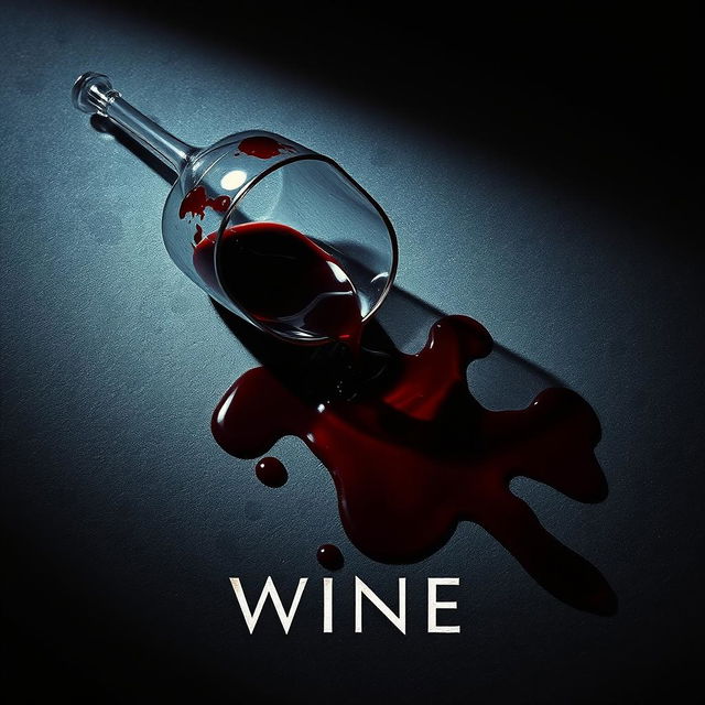 A dramatic movie poster featuring a glass of red wine tipped over, spilling its contents across a dark, textured surface