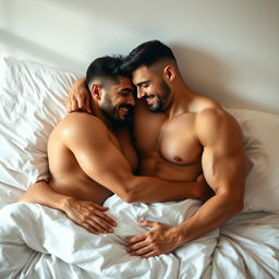 A sensual and emotional scene of a naked muscular gay couple cuddling closely on a clean, white bed