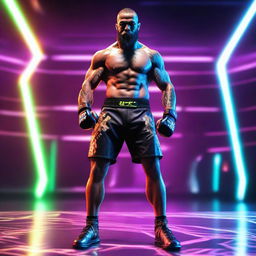 A hyper-realistic image of a UFC fighter from the year 2100, standing in a combat-ready stance in a futuristic ring