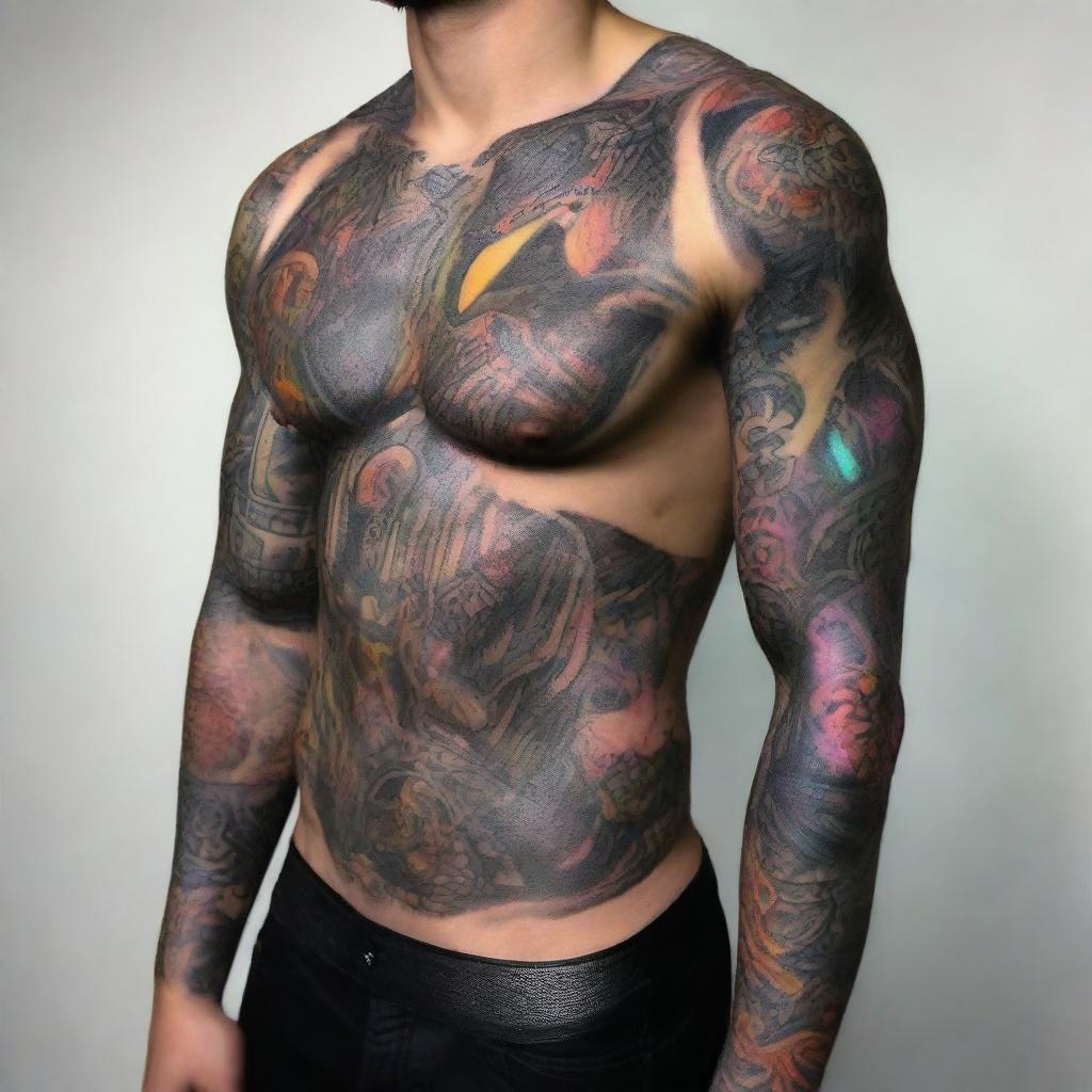 A hyper-realistic depiction of a UFC fighter from the year 2100, his body adorned with vibrant, glowing tattoos